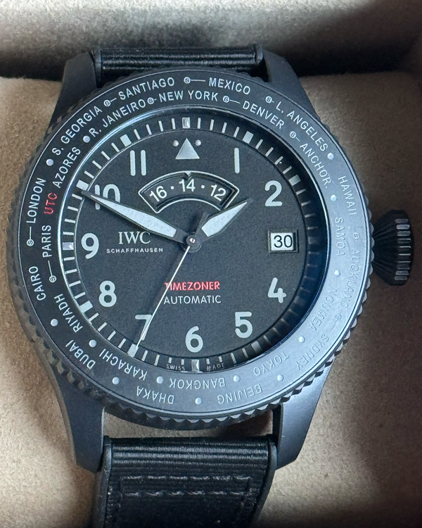 2021 IWC Schaffhausen Pilot Timezoner "Top Gun Ceratanium" 46MM Black Dial Textile Strap (IW395505)