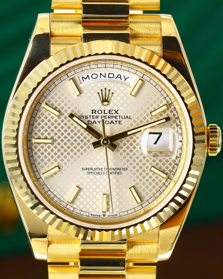Rolex Day-Date 40MM Silver "Crosshatch Motif" Dial Yellow Gold President Bracelet (228238)