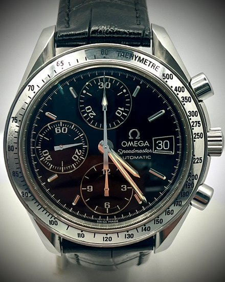 No Reserve - 2003 Omega Speedmaster Date 39MM Black Dial Aftermarket Leather Strap (3513.50.00)