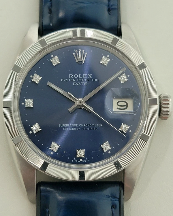 Rolex Oyster Perpetual Date 34MM Aftermarket Blue Dial Aftermarket Leather Strap (1501)