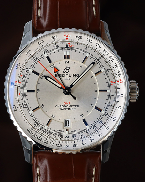 Breitling Navitimer GMT 41MM Silver Dial Leather Strap (A32310)