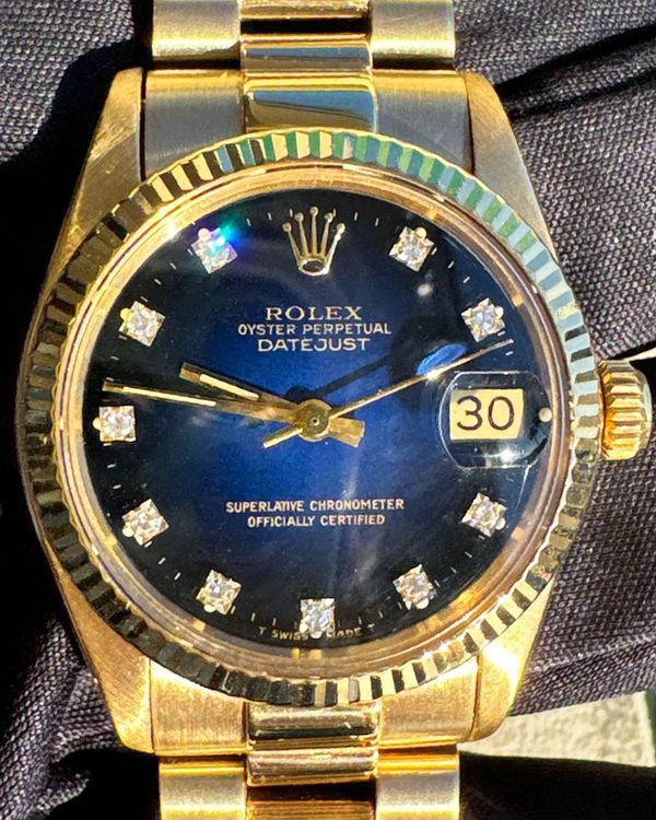 Rolex Datejust 31MM Blue "Vignette" Dial Yellow Gold President Bracelet (6827)