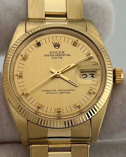 1979 (3.6 Mill Serial) Rolex Oyster Perpetual Date 34MM Champagne Dial Yellow Gold Oyster Bracelet (1503)
