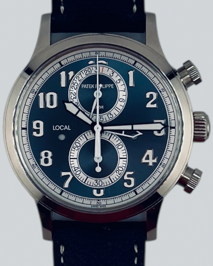2025 Patek Philippe Calatrava Pilot Travel Time Flyback Chronograph Complications 42MM Blue Dial Leather Strap (5924G-001)