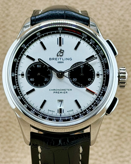 No Reserve - 2019 Breitling Premier B01 Chronograph "Panda" 42MM Silver Dial Leather Strap (AB0118221G1P1)