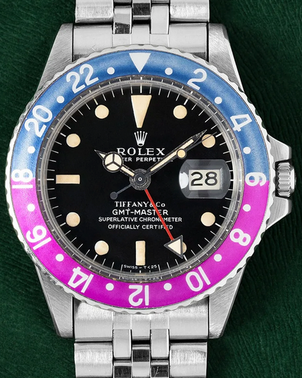 1969 Rolex GMT-Master "Faded Pepsi" 40MM Black "Tiffany" Dial Jubilee Bracelet (1675)