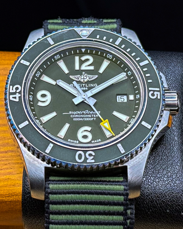No Reserve - 2021 Breitling Superocean "Outerknown" 44MM Green Dial Textile Strap (A17367A11L1W1)