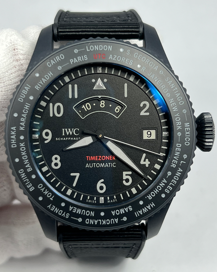 IWC Schaffhausen Pilot Timezoner "Top Gun" 46MM Black Dial Rubber Strap (IW395505)