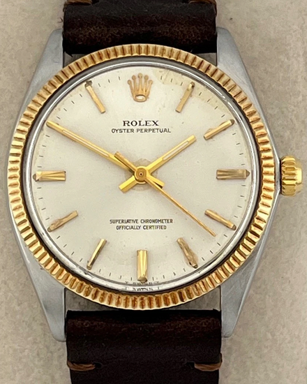 1965 (1.1 Mil. Serial) Rolex Oyster Perpetual 34MM Silver Dial Leather Strap (1005)