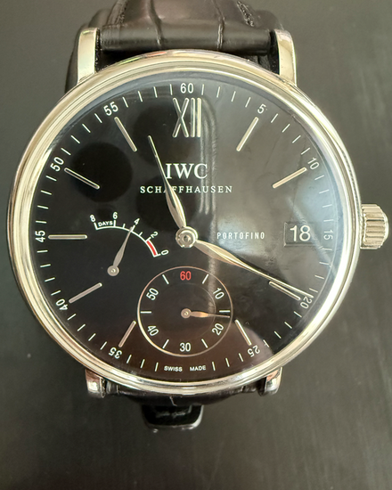 IWC Schaffhausen Portofino Hand-Wound 8 Days 45MM Black Dial Leather Strap (IW510102)