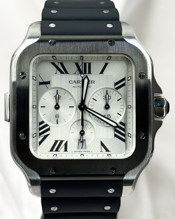 2023 Cartier Santos De Cartier Chronograph 43.3MM Silver Dial Rubber Strap (WSSA0017)