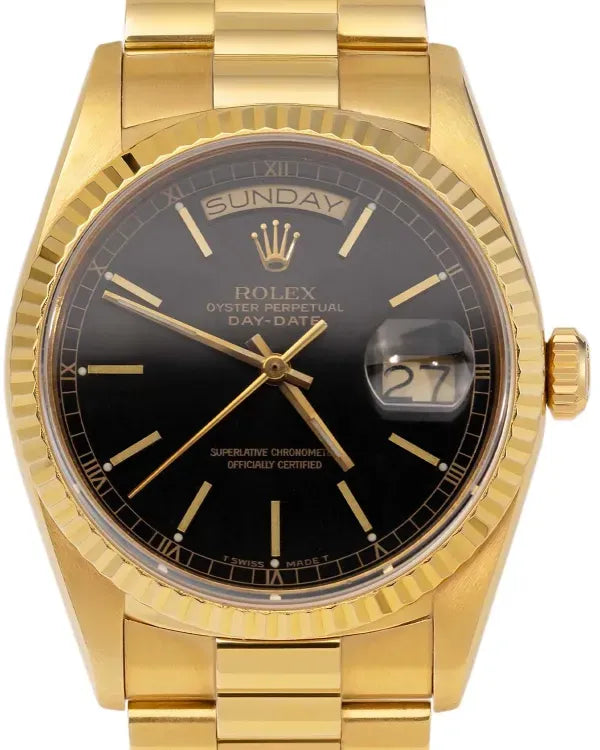 Rolex Day-Date 36MM Aftermarket Black Dial Yellow Gold President Bracelet (18038)