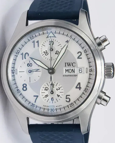 IWC Schaffhausen Pilot Spitfire Chronograph 39MM Silver Dial Aftermarket Rubber Strap (IW370623)