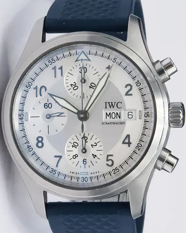 IWC Schaffhausen Pilot Spitfire Chronograph 39MM Silver Dial Aftermarket Rubber Strap (IW370623)