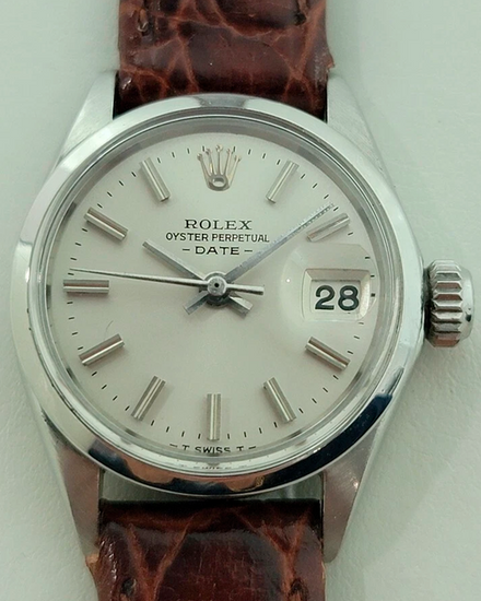 Rolex Oyster Perpetual Date 26MM Silver Dial Aftermarket Leather Strap (6516)