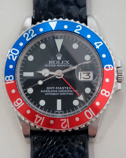 1971 Rolex GMT-Master "Pepsi" 40MM Black Dial Aftermarket Leather Strap (1675)