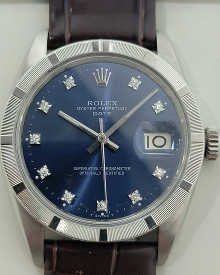 Rolex Oyster Perpetual Date 34MM Aftermarket Blue Dial Aftermarket Leather Strap (1501)