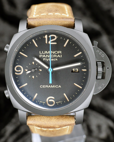 2017 Panerai Luminor 1950 3 Days Chrono Flyback 44MM Black Dial Leather Strap (PAM00580)