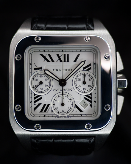 Cartier Santos 100 XL Chronograph 41MM White Dial Leather Strap (W20090X8)