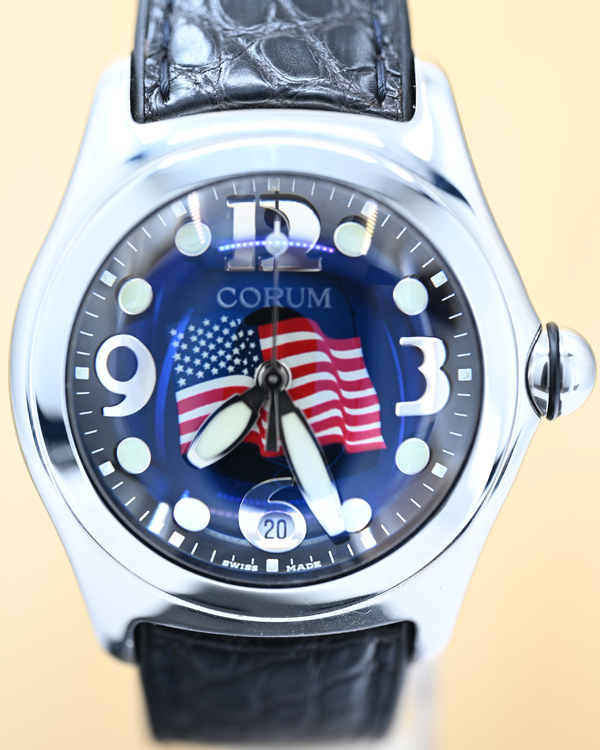 2003 Corum Bubble "American Flag" L.E. 45MM Quartz Black Dial Leather Strap (163.150.20)