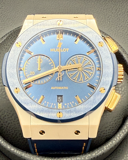 2022 Hublot Classic Fusion Chronograph Mykonos Boutique L.E. 45MM Blue Dial Leather Strap (521.CZ.7128.LR.MYO22)