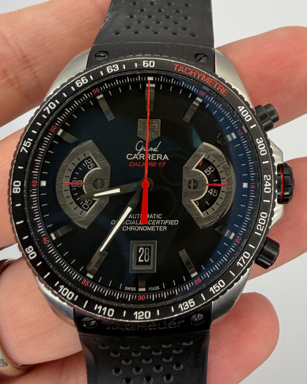 2017 Tag Heuer Carrera Grand Chronograph 43MM Black Dial Rubber Strap (CAV511C)