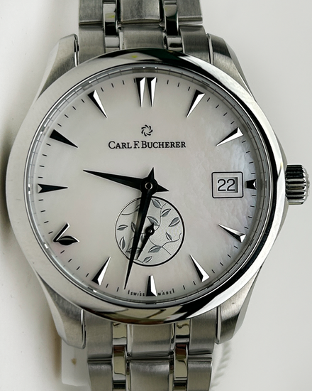 No Reserve - 2024 Carl F. Bucherer Manero AutoDate "Love" 35.5MM Mother of Pearl Dial Steel Bracelet (00.10922.08.73.21)
