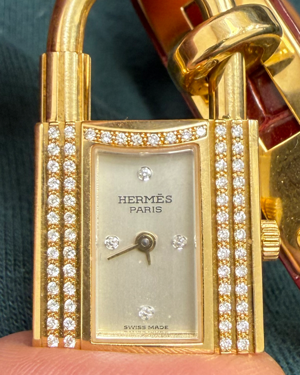 1995 Rare Hermès Kelly "20th Anniversary" 18k Gold 20MM Quartz Silver Dial Leather Strap (54718505)