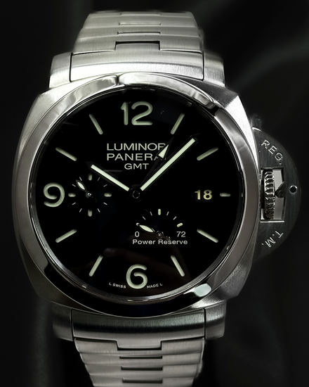 2014 Panerai Luminor 1950 3 Days GMT Power Reserve 44MM Black Dial Steel Bracelet (PAM00347)