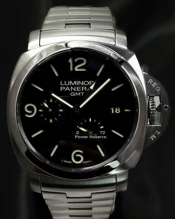 2014 Panerai Luminor 1950 3 Days GMT Power Reserve 44MM Black Dial Steel Bracelet (PAM00347)