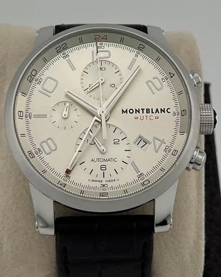 2014 Montblanc Timewalker Chronograph Voyager UTC 43MM Silver Dial Leather Strap (107065)