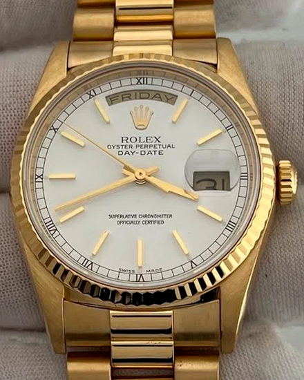 1995 (W Serial) Rolex Day-Date 36MM White Dial Yellow Gold President Bracelet (18238)