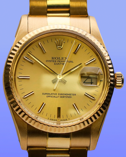 1986 (8.9 Mill Serial) Rolex Oyster Perpetual Date 34MM Champagne Dial Yellow Gold Oyster Bracelet (15038)