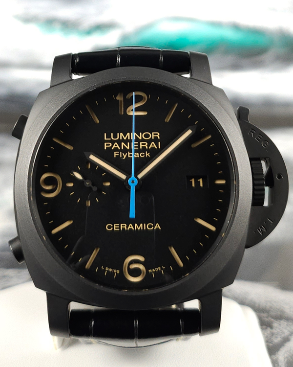 2018 Panerai Luminor 1950 3 Days Chrono Flyback 44MM Black Dial Leather Strap (PAM00580)