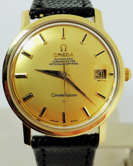 Omega Constellation 18k Gold 35MM Champagne Dial Aftermarket Leather Strap (168.010/11)