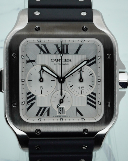 2021 Cartier Santos De Cartier Chronograph 43.3MM Silver Dial Rubber Strap (WSSA0017)