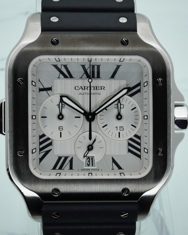 2021 Cartier Santos De Cartier Chronograph 43.3MM Silver Dial Rubber Strap (WSSA0017)