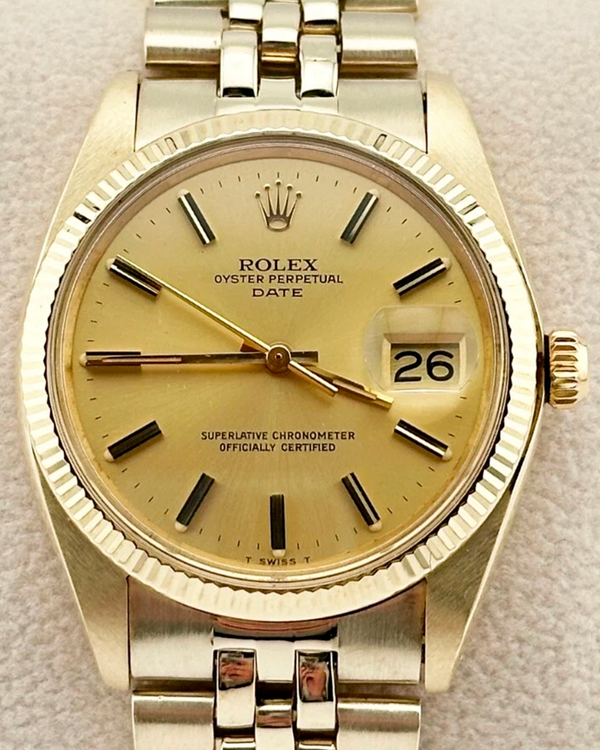 1979 (6.0 Mill Serial) Rolex Oyster Perpetual Date 34MM Champagne Dial Yellow Gold Jubilee Bracelet (1503)