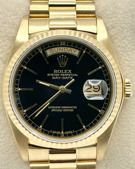 1981 (6.6 Mill Serial) Rolex Day-Date 36MM Black Dial Yellow Gold President Bracelet (18038)
