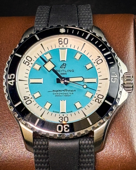 2025 Breitling Superocean 44MM Turquoise Dial Rubber Strap (A17376)