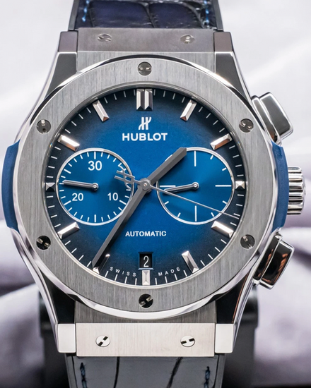 2023 Rare Hublot Classic Fusion Chronograph 45MM Blue Dial Leather Strap (521.NX.6670.LR.JPN18)