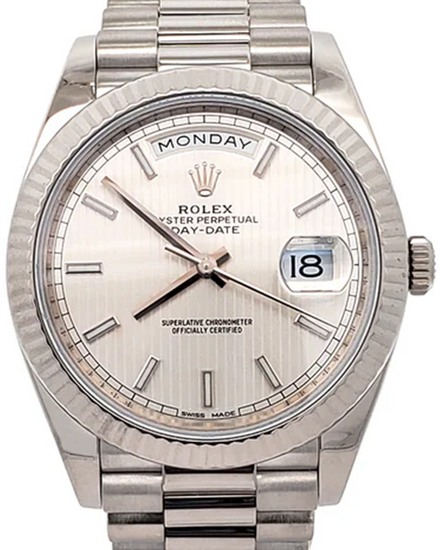 2017 Rolex Day-Date 40MM Silver "Tapestry Motif" Dial White Gold President Bracelet (228239)