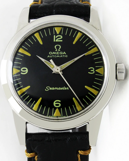 Omega Seamaster  34.5MM Aftermarket Black Dial Aftermarket Leather Strap (2577-5)