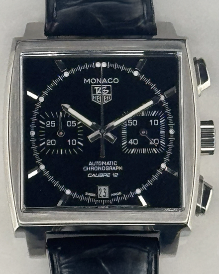 Tag Heuer Monaco Calibre 12 39MM Black Dial Leather Strap (CAW2110-0)