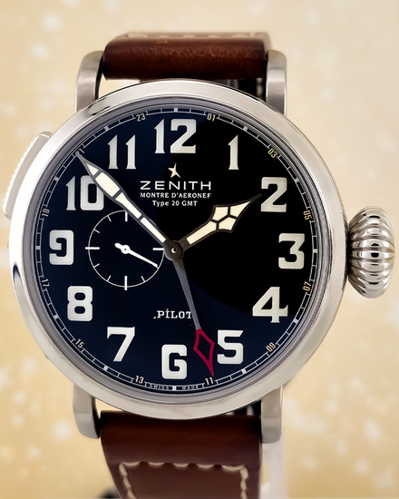 2019 Zenith Elite Pilot Type 20 GMT 48MM Black Dial Leather Strap (03.2430.693/21.C723)
