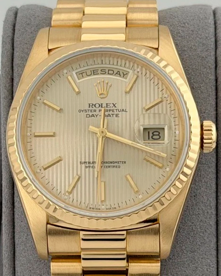 1990 (E Serial) Rolex Day-Date 36MM Champagne Tapestry Dial Yellow Gold President Bracelet (18238)