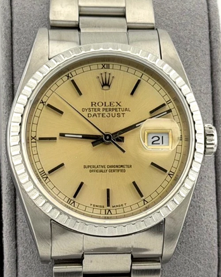 1989 (L Serial) Rolex Datejust 36MM Silver "Tropical" Dial Oyster Bracelet (16220)