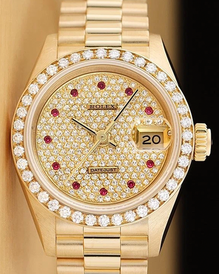 Rolex Lady-Datejust 26MM Diamond Pavé Dial Yellow Gold President Bracelet (69138)