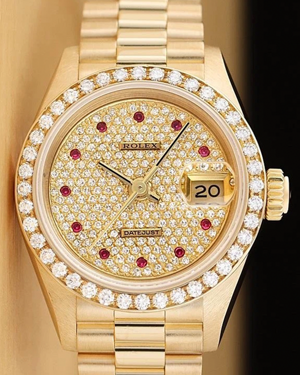 Rolex Lady-Datejust 26MM Diamond Pave Dial Yellow Gold President Bracelet (69138)
