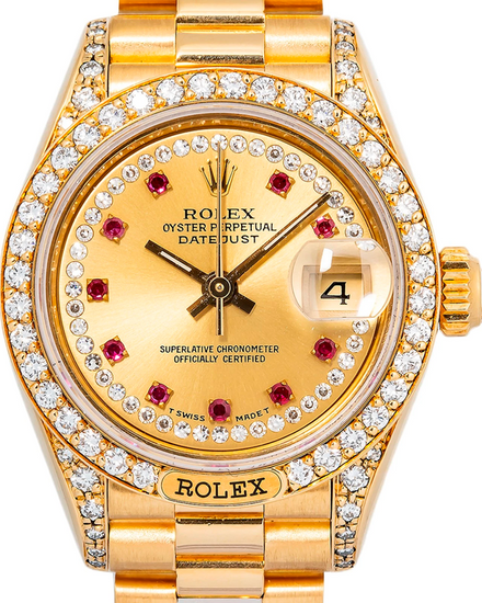Rare Rolex Lady-Datejust 26MM Champagne "Ruby" Dial Yellow Gold President Bracelet (69158)